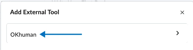 Brightspace's Add External Tool dialog, with a blue arrow pointing to OKhuman