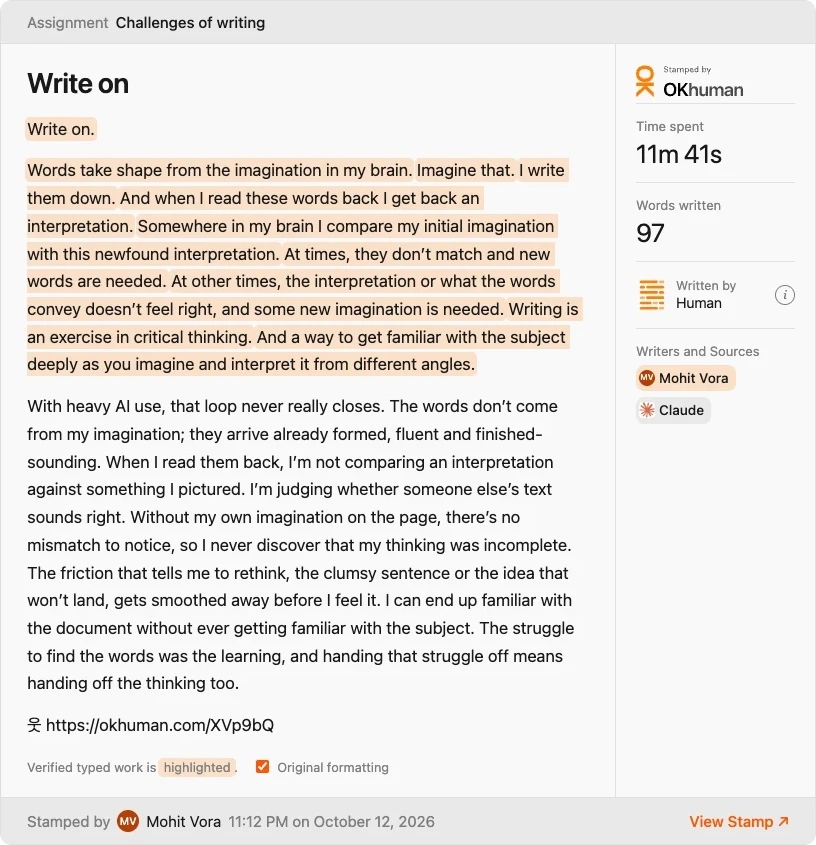 The OKhuman report in Canvas: the assignment text with verified typed work highlighted, 11m 41s time spent, 97 words written, Written by Human, and the writers Mohit Vora and Claude