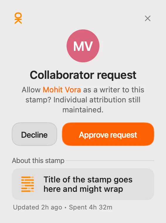 A Collaborator request in the OKhuman app, with Decline and Approve request buttons