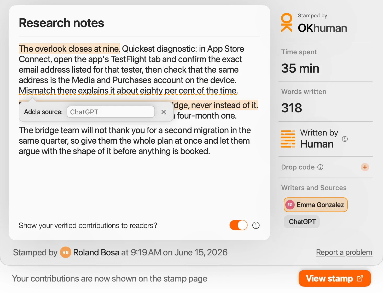The review window with the Add a source box open under a pasted passage, showing ChatGPT