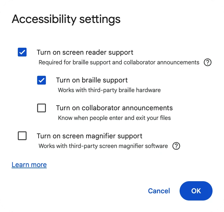 Google Docs Accessibility settings with Turn on screen reader support and Turn on braille support checked