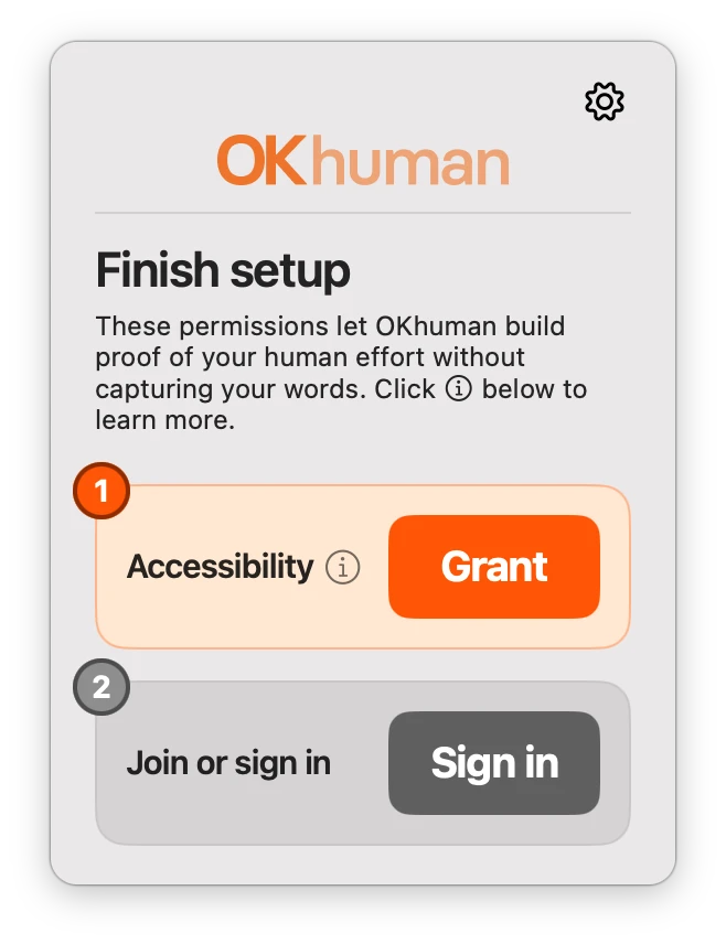 The OKhuman Finish setup window: an Accessibility step with a Grant button, and a Join or sign in step with a Sign in button