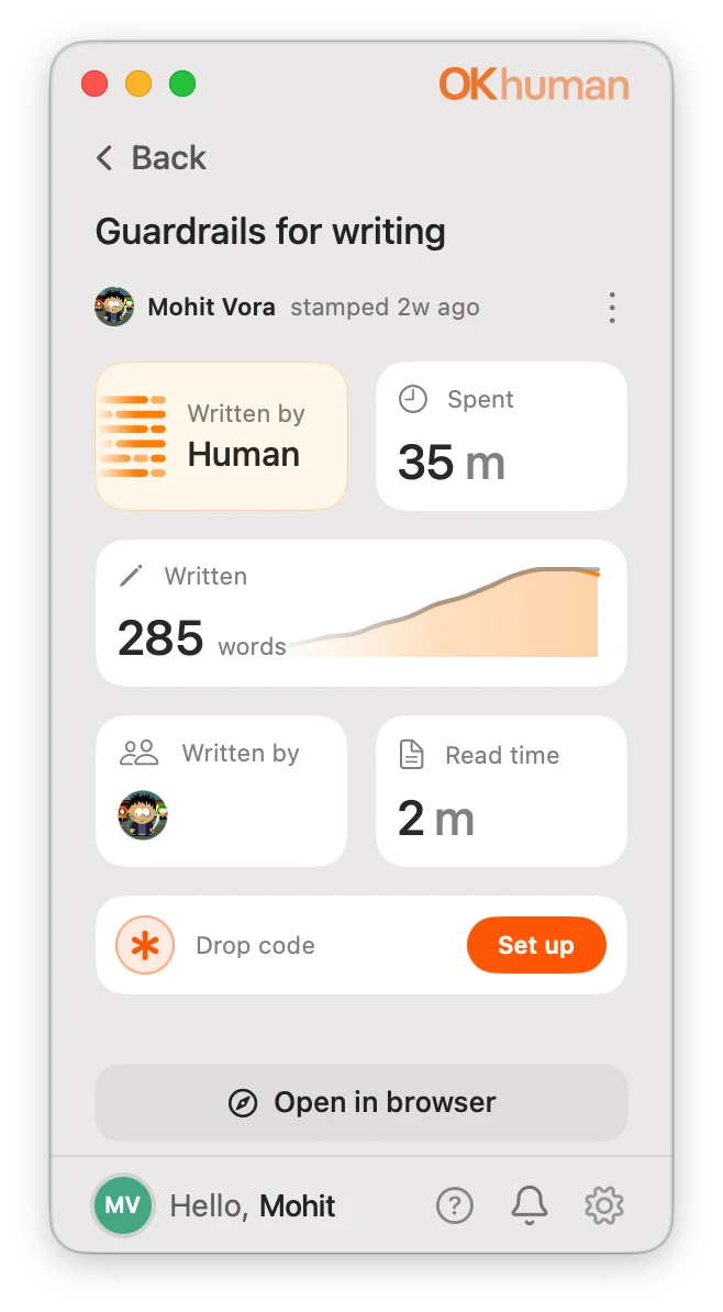 Stamp insights for one stamp: Written by Human, 35 minutes spent, 285 words written with a growth chart, the writers, a 2 minute read time and a Drop code Set up button