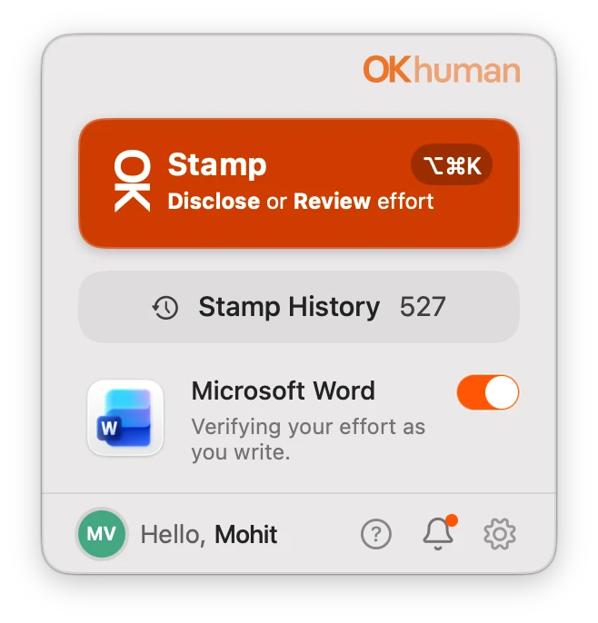 The OKhuman Companion with Microsoft Word toggled on, a Stamp button and the Stamp History count