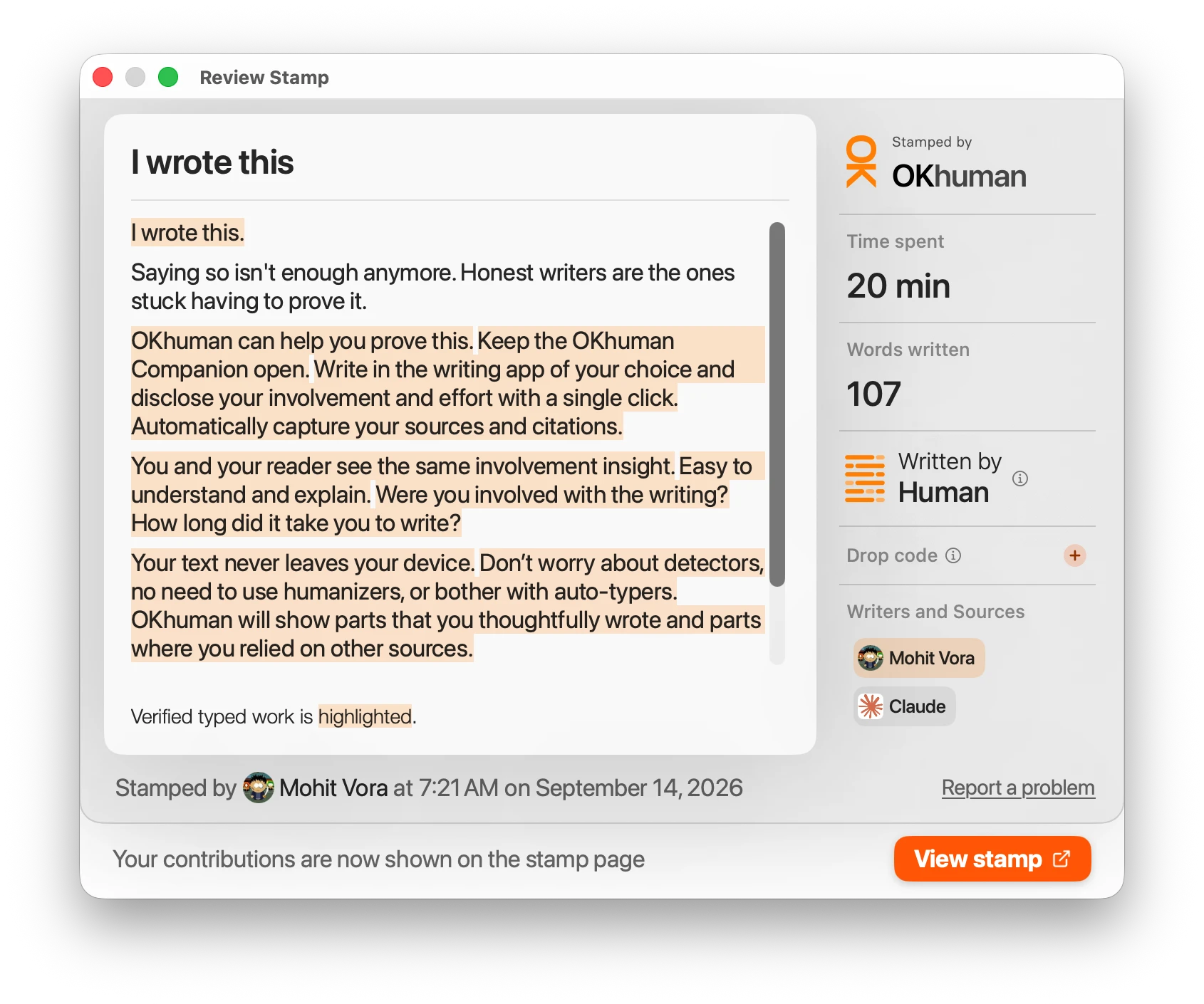 The Review Stamp window with verified typed writing highlighted, next to time spent, words written, and a Written by Human label